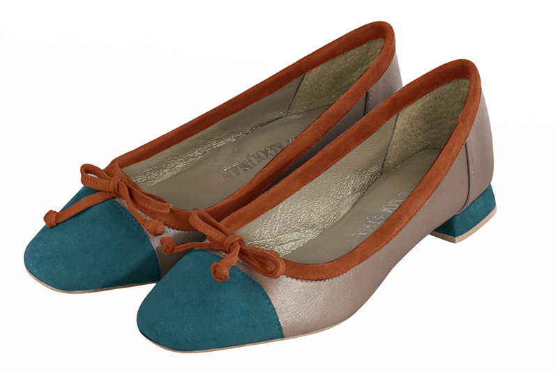 Peacock blue, tan beige and terracotta orange women's ballet pumps, with low heels. Square toe. Flat flare heels. Front view - Florence KOOIJMAN